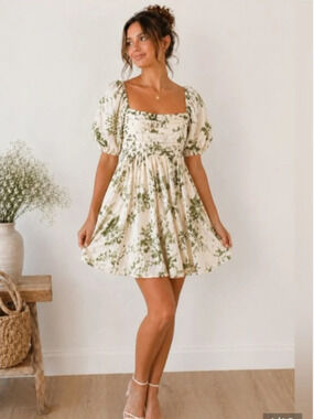 Blu Pepper Cream Mini Dress with Green Floral Print Size Medium 3177